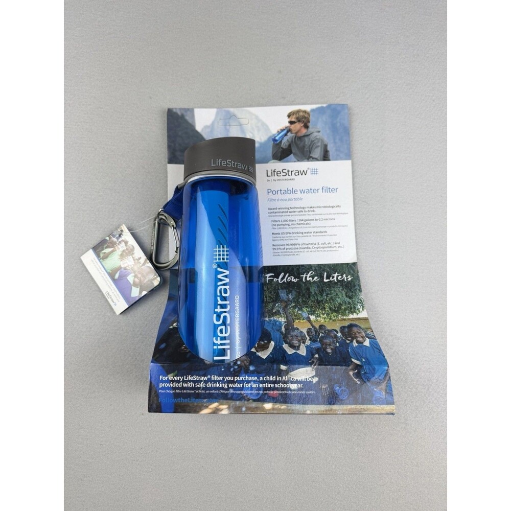 LifeStraw Go Water Filter Bottle with Carabiner Blue Portable Travel Hiking NEW